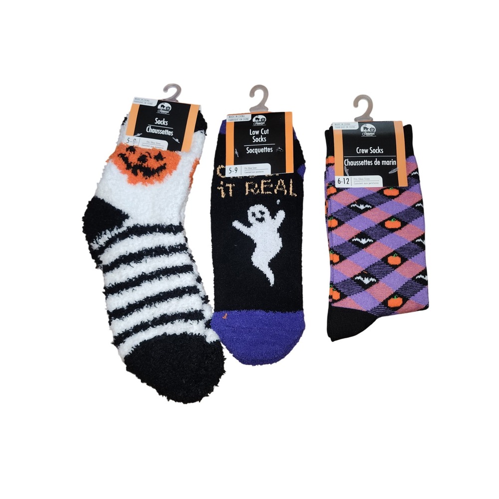 Halloween Sock Bundle 3 Pairs Fuzzy Jack-O-Lantern Ghost Argyle Pumpkin Crew Low